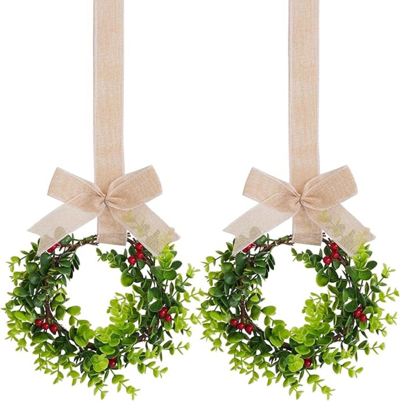 2Pcs Mini Christmas Wreaths Cabinet Wreaths Small Green Hanging Wreath Christmas Ornament for Cabinets Winter Holiday Home Outdoor Indoor Window Christmas Tree Crafts Decorations 25 x 10 Inch